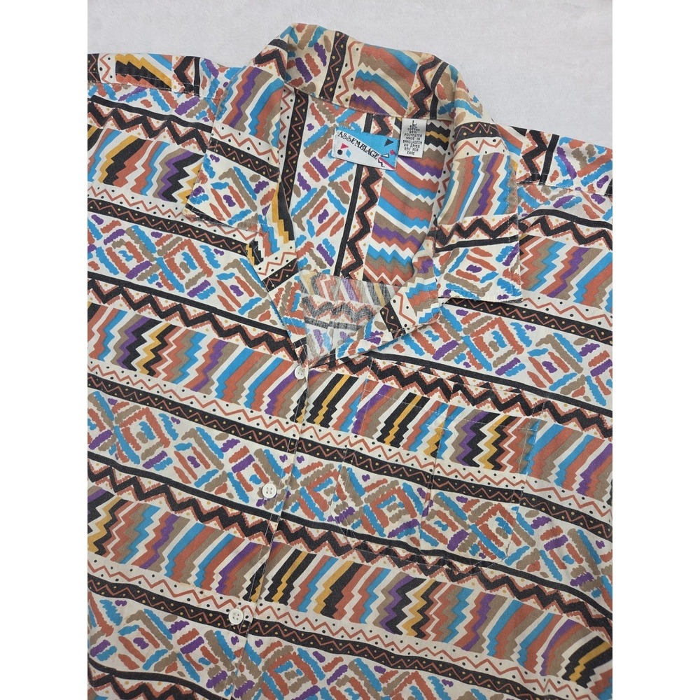 VTG 90's Global Tribal Shirt Short Sleeve Assemblage Ethnic Boxy Western‎ Size L